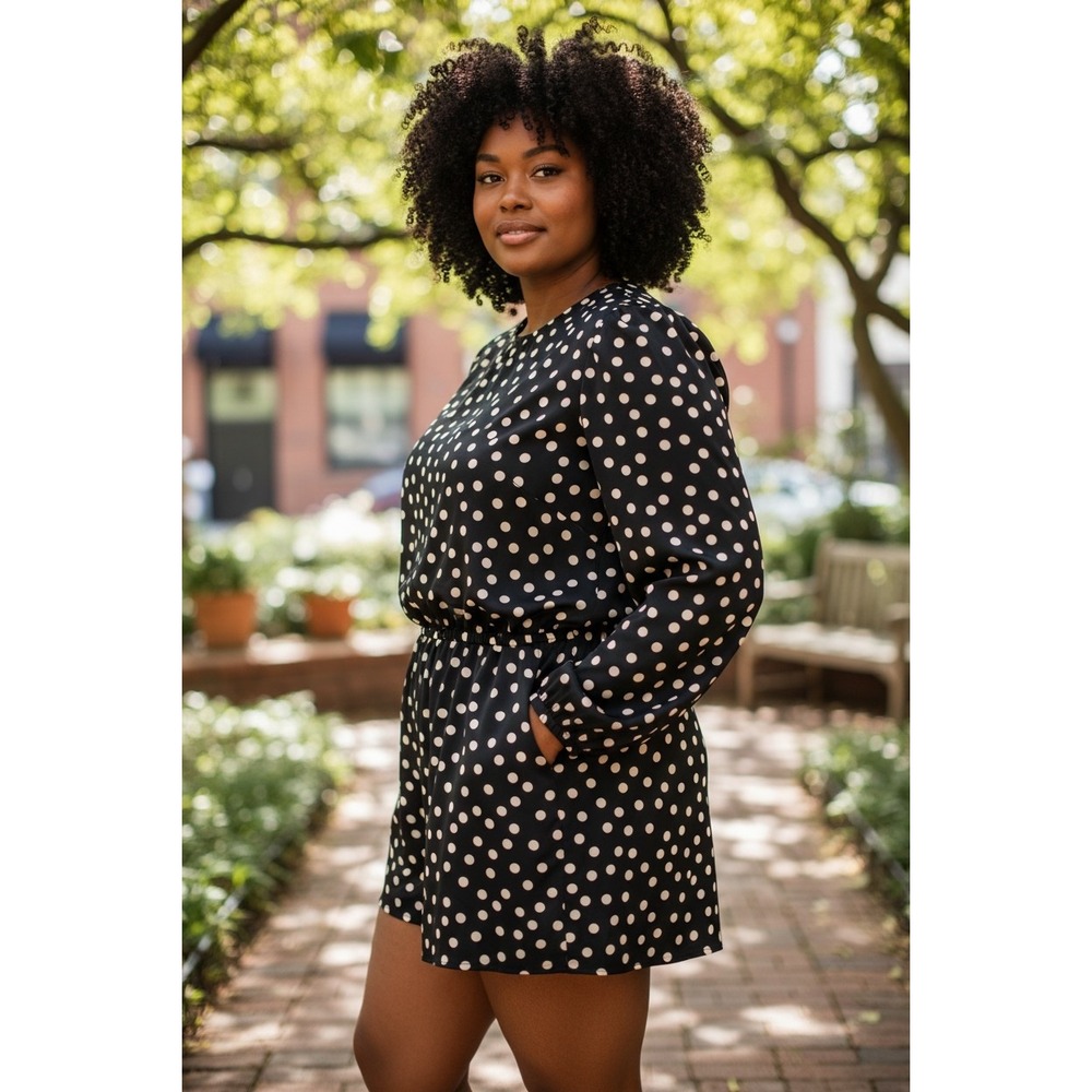 A New Day Womens XL Polka Dot Tie Waist Long Sleeve Mini Dress Black White